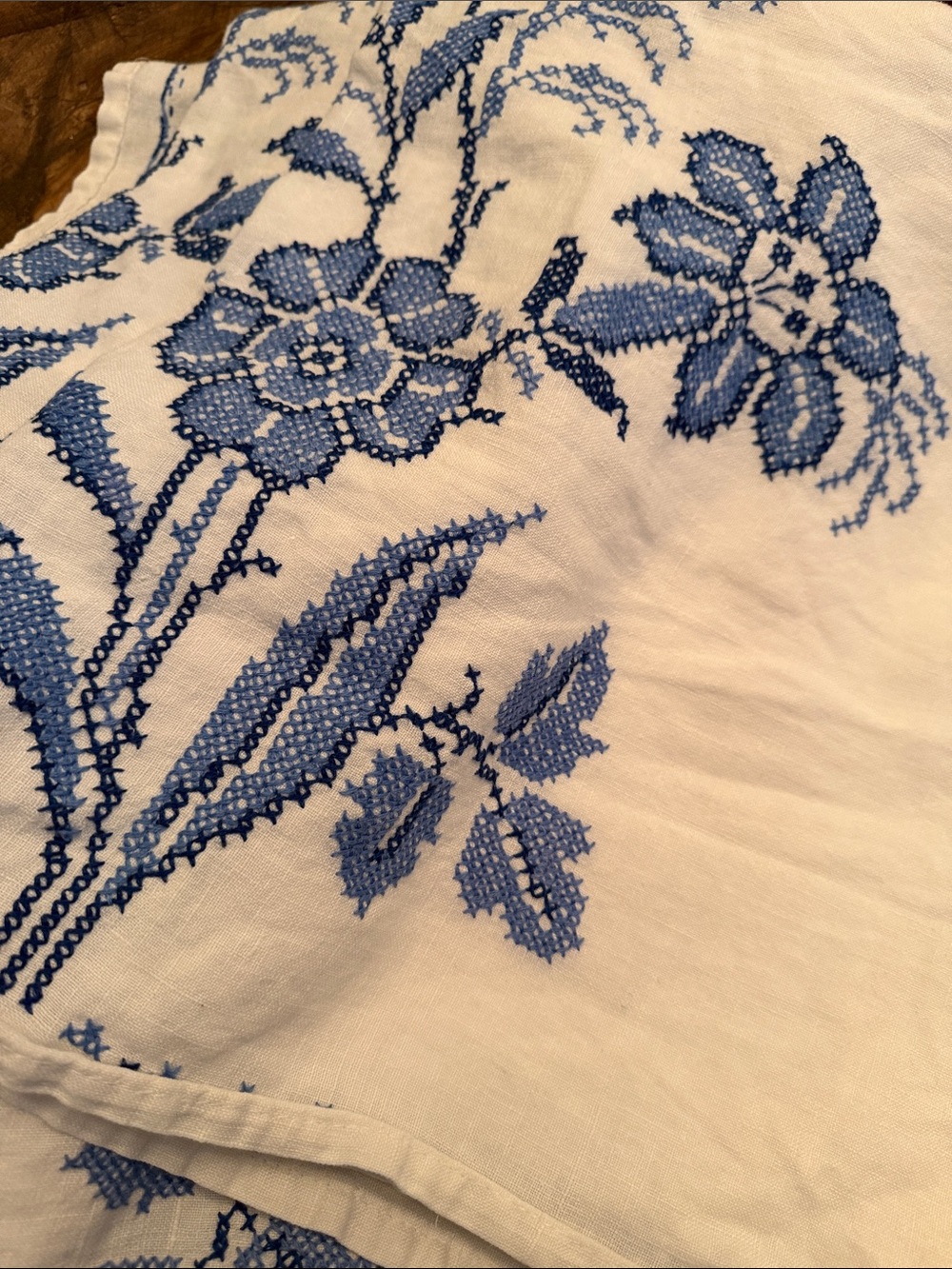 Blue Floral Embroidered Table Cloth - Classic Blue on White 64 inch / 102 inch.